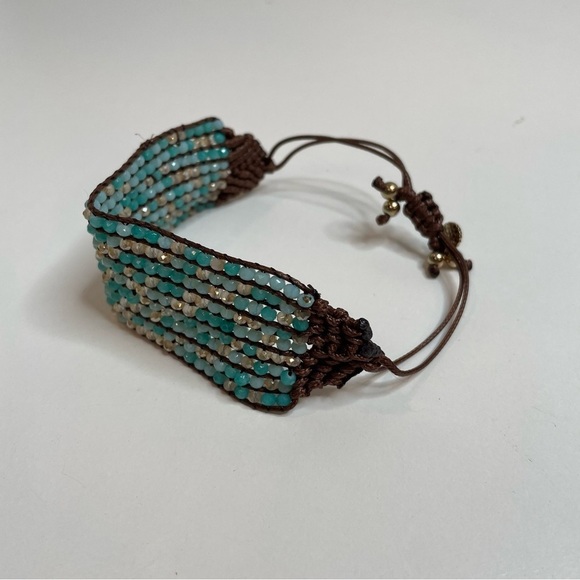 Marlyn Schiff Adjustable Glass Bead Bracelet Blue and Brown NWOT - Picture 2 of 5